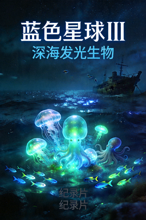 纪录片《蓝色星球III》海报，深海发光生物神秘景象